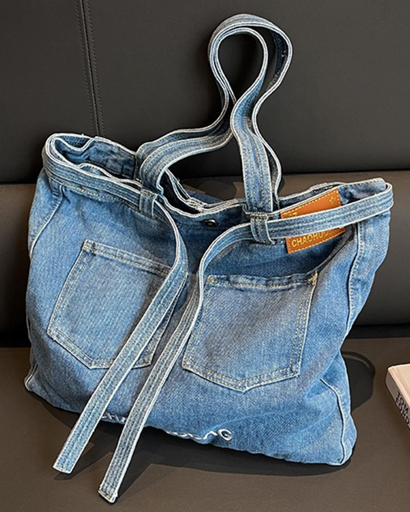 

Pocket Design Large Capacity Denim Tote Bag, Lighted blue