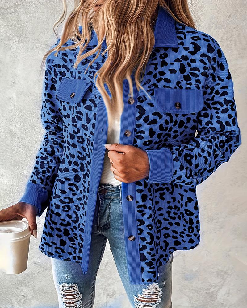 

Colorblock Leopard Print Corduroy Shacket, Blue