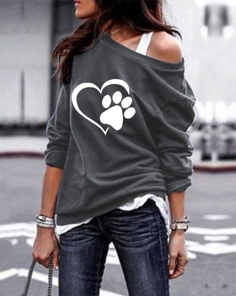 

Paw Heart Print Long Sleeve Casual Sweatshirt, Gray