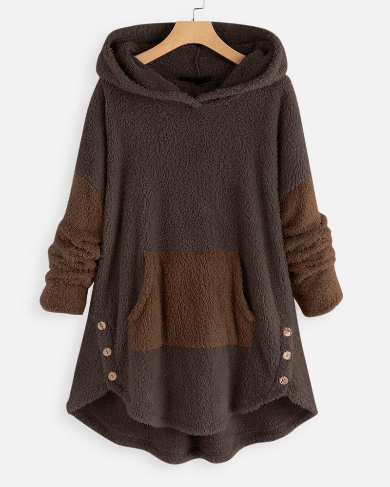 

Patchwork Long Sleeve Button Design Fluffy Hoodie, Coffee