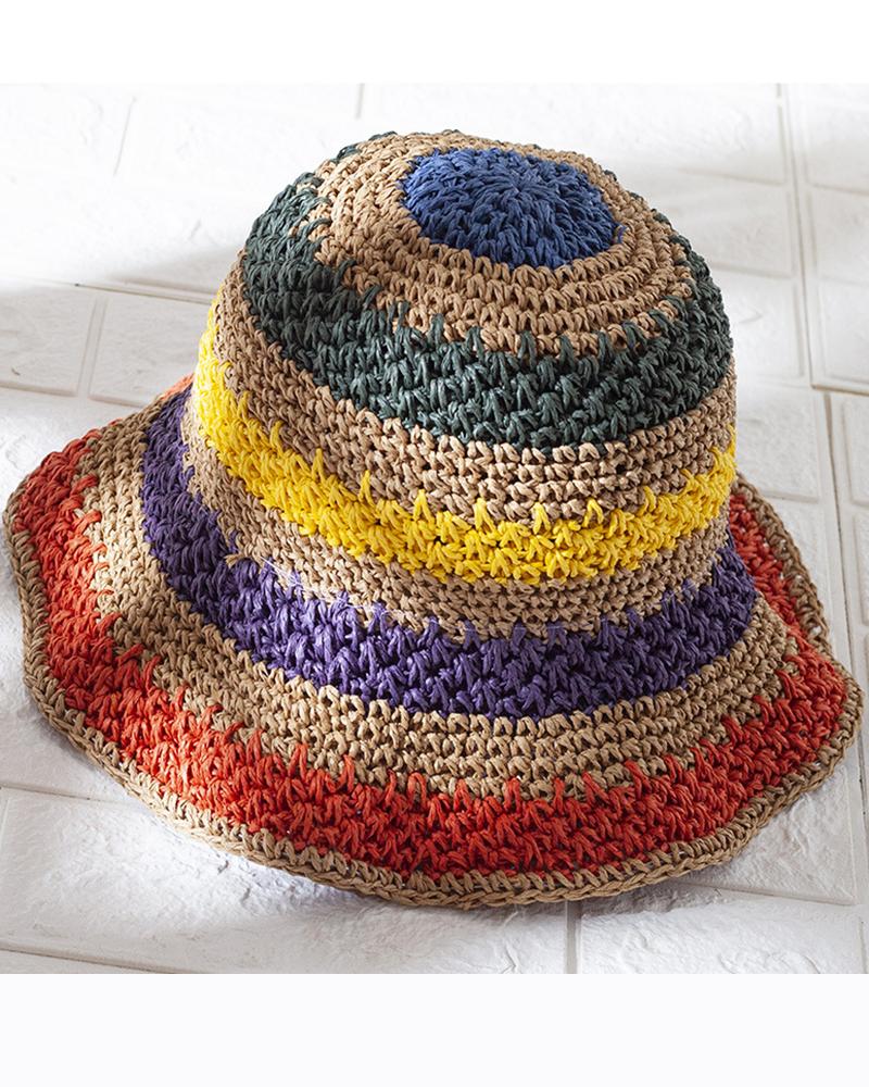 

Striped Colorblock Wide Brim Straw Hat, Khaki