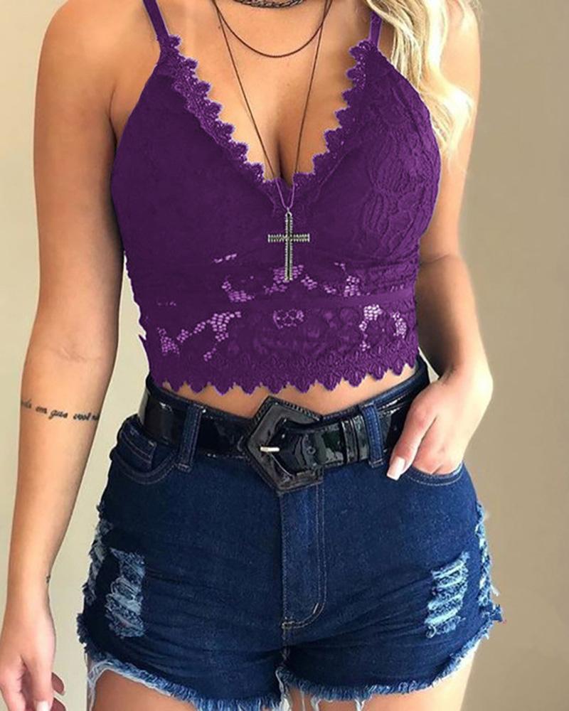 

Lace Hollow Out Spaghetti Strap Top, Purple