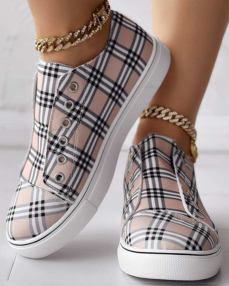 

Plaid Print Eyelet Canvas Sneakers, Pink