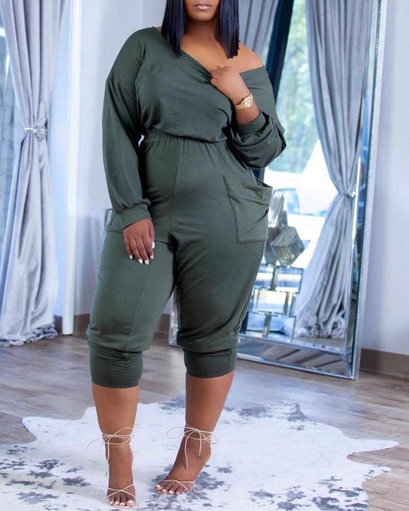 

Long Sleeve Round Neck Pocket Design Jumpsuit, Green