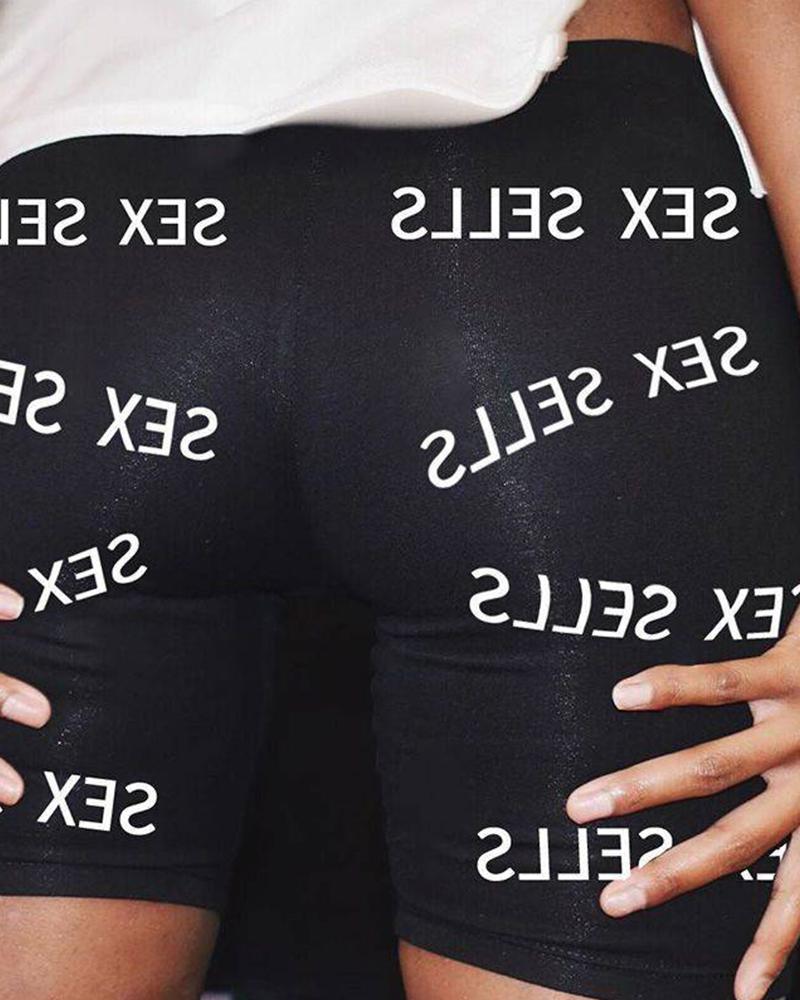 

Street Letter Print Skinny Short Pants, Black