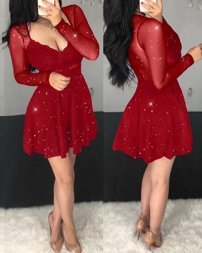 

Glitter Sheer Mesh See Through Contrast Lace Long Sleeve Mini Dress Deep V Neck A Line Dresses, Red