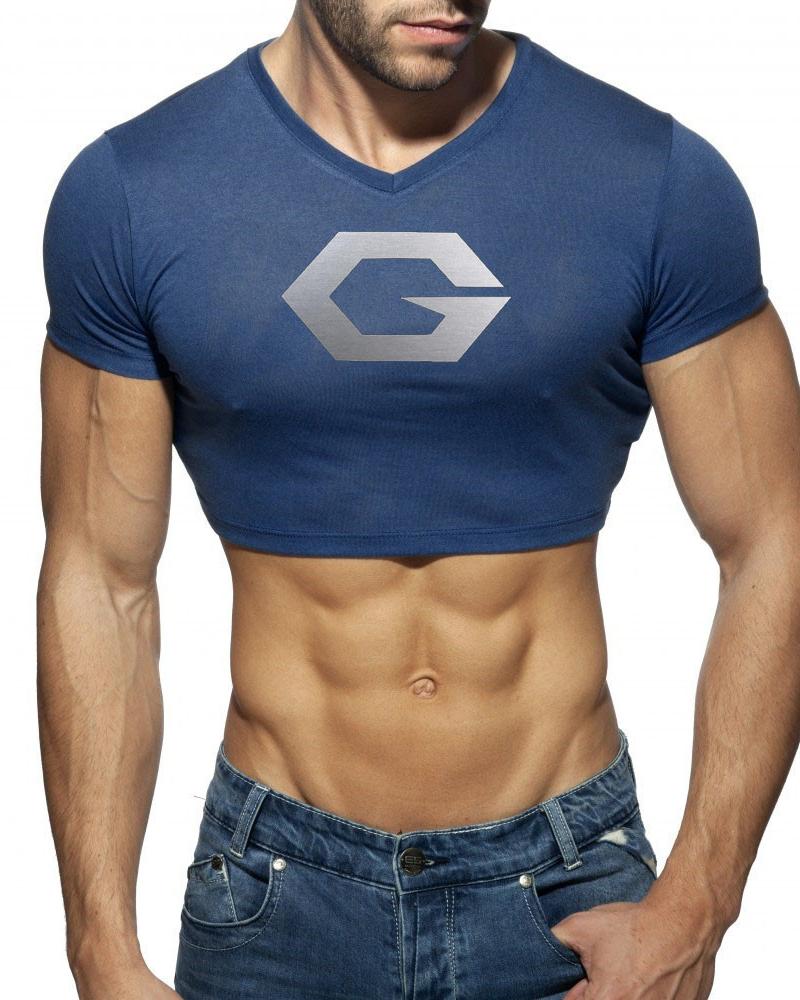 

Logo Patterns Print Short Sleeve Skinny Cropped T-shirt, Blue