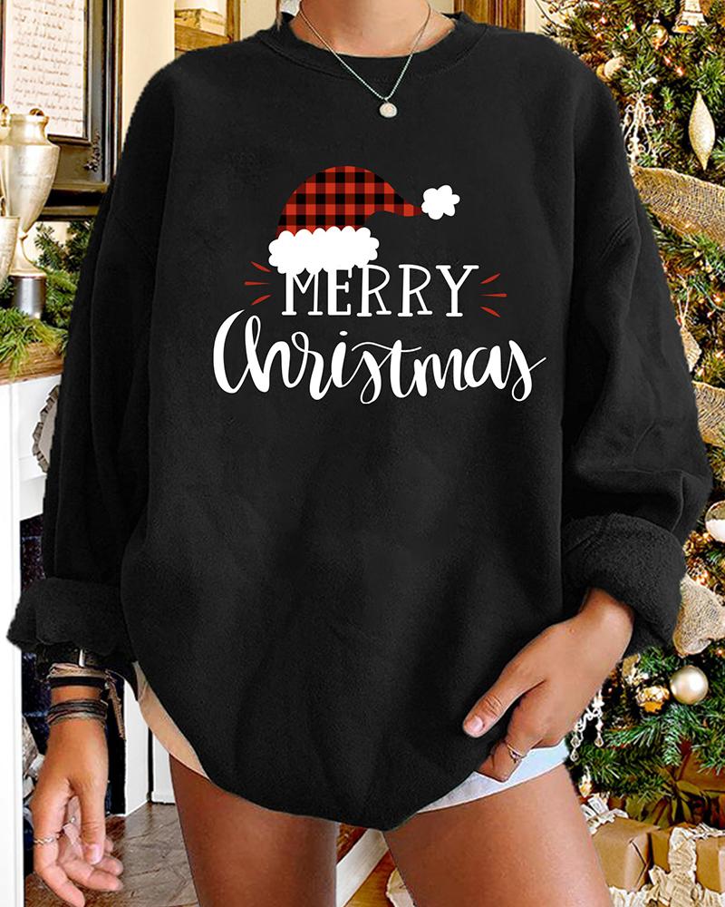 

Christmas Hat Letter Print Long Sleeve Sweatshirt, Black