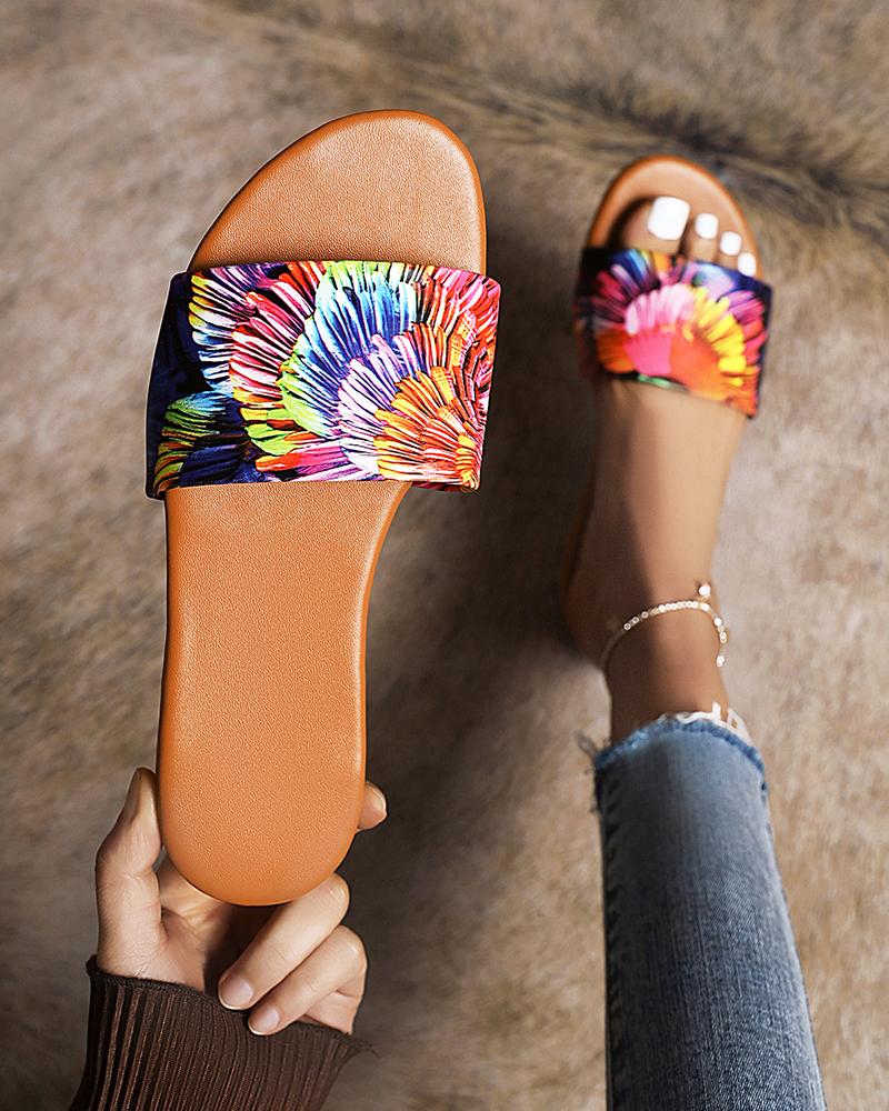 

Multicolor Flower Print Upper Open-toe Flat Sandals, Black