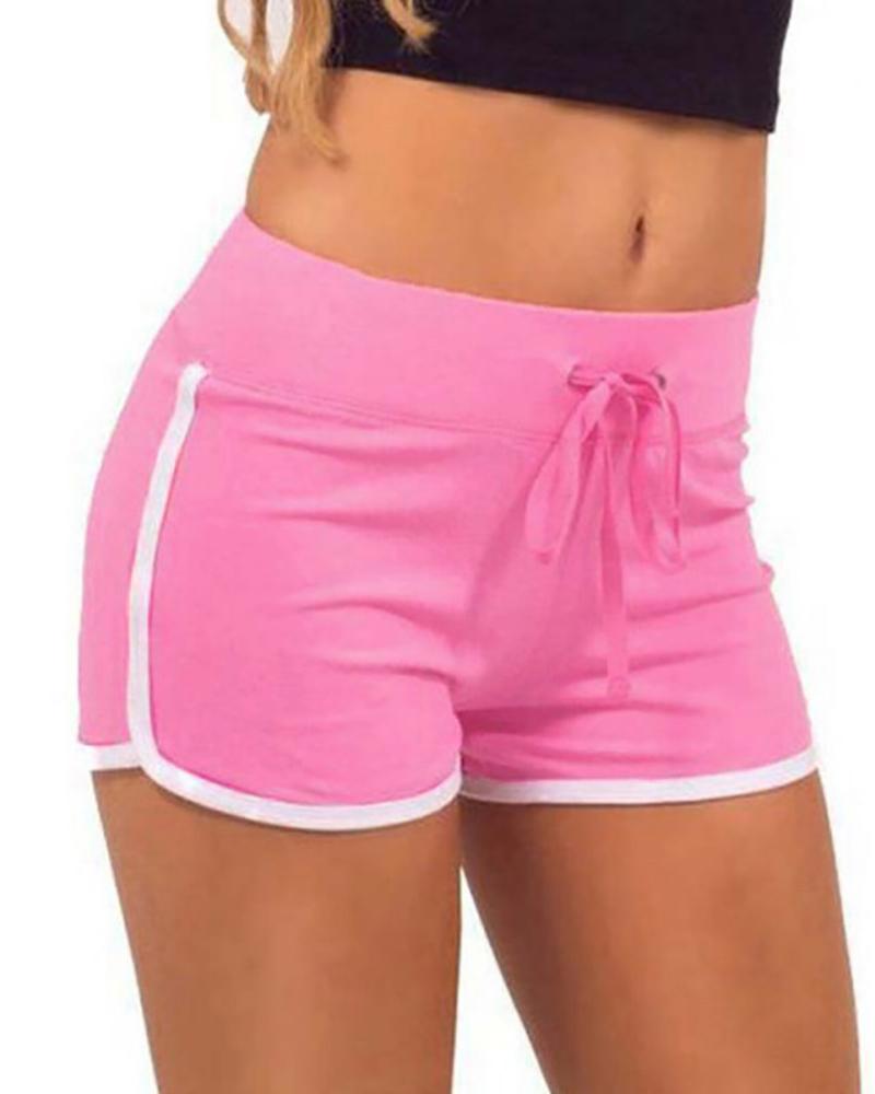 

Contrast Binding Eyelet Drawstring Yoga Shorts, Pink