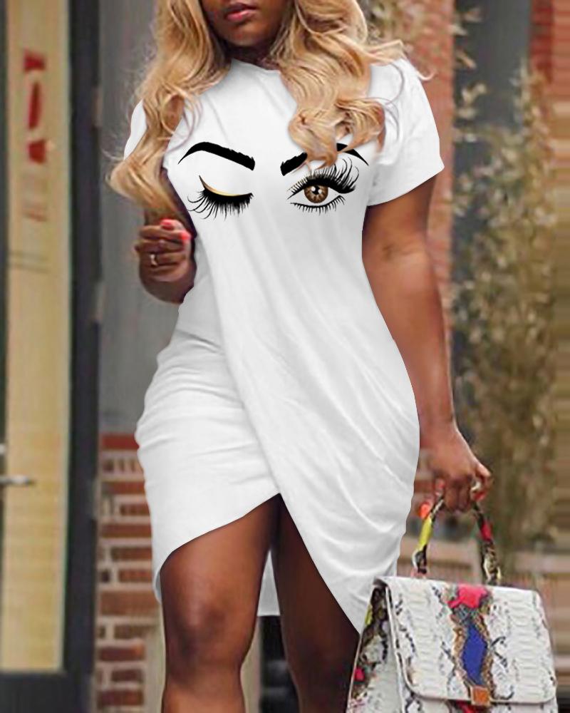 

Eyes Print Asymmetrical Casual Dress, White