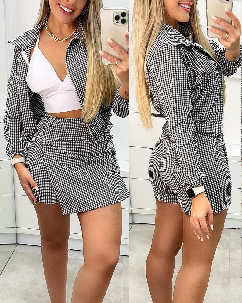 

Plaid Print Zip Up Coat & Skorts Set, Blackwhite