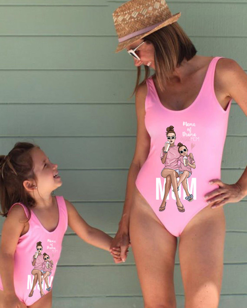 

Mommy & Me Graphic Letter Print One Piece Swimsuit For Kids, Pink