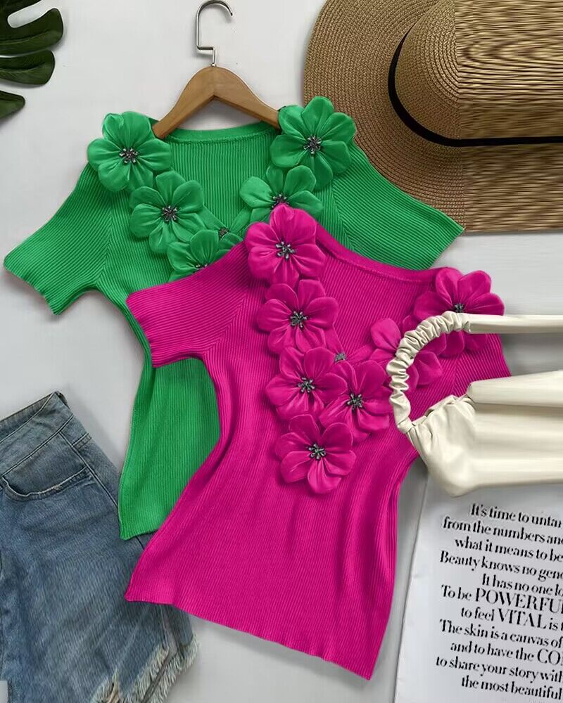 

Floral Pattern Rhinestone Decor Knit Top, Hot pink