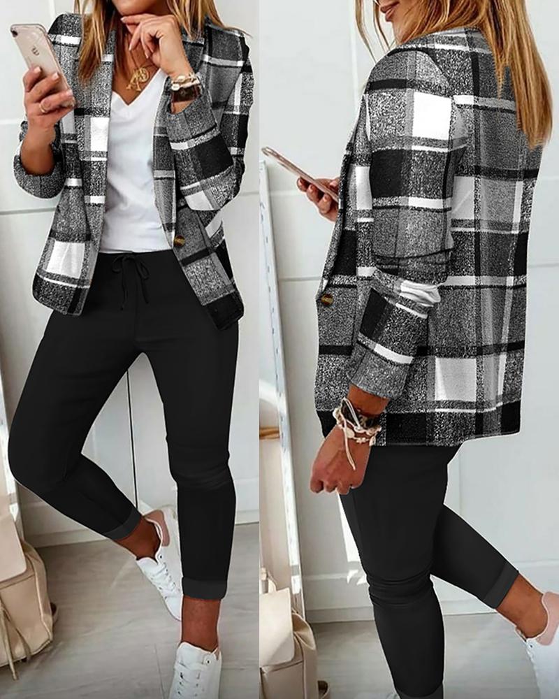 

Plaid Print Shawl Collar Blazer Coat & Drawstring Pants Set, Black