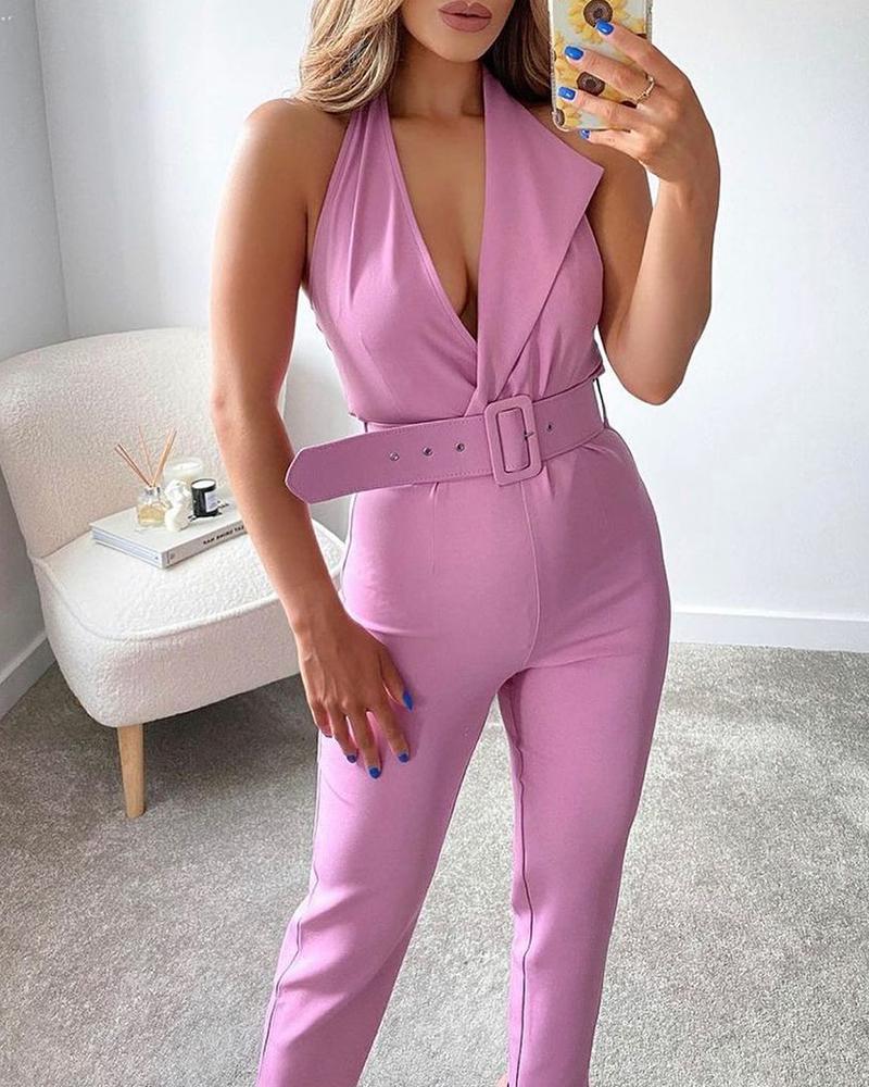 

Halter Asymmetrical Neck Jumpsuit With Belt, Pink