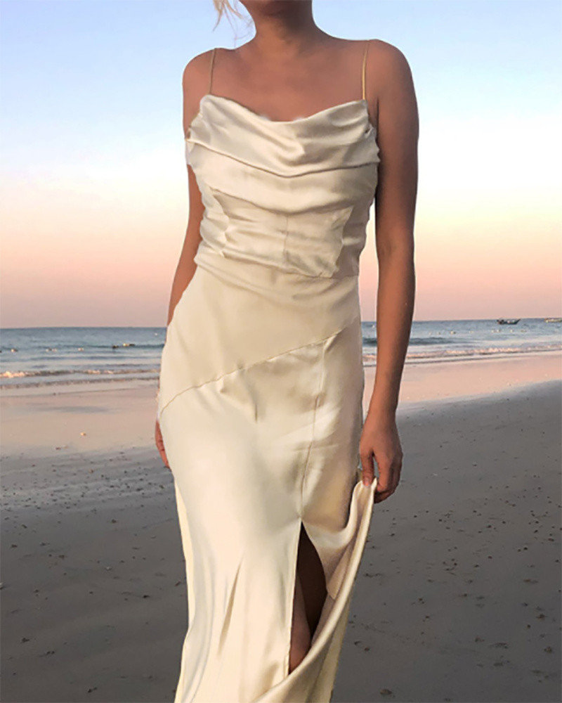 

Cowl Neck High Slit Ruched Satin Maxi Dress, Light yellow
