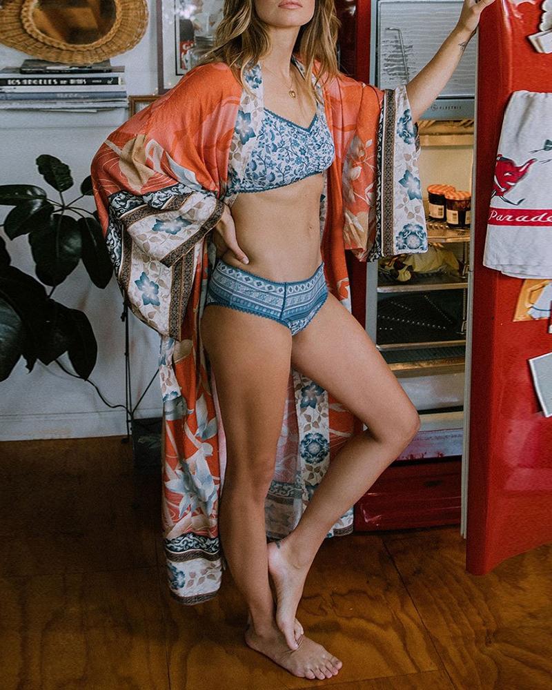 

All Over Print Long Sleeve Open Front Cover Up, Orange