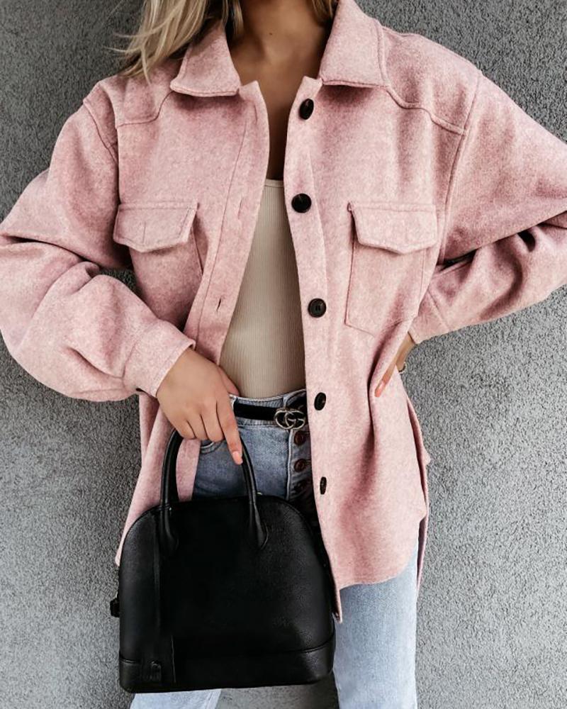 

Long Sleeve Buttoned Pocket Design Shacket, Pink