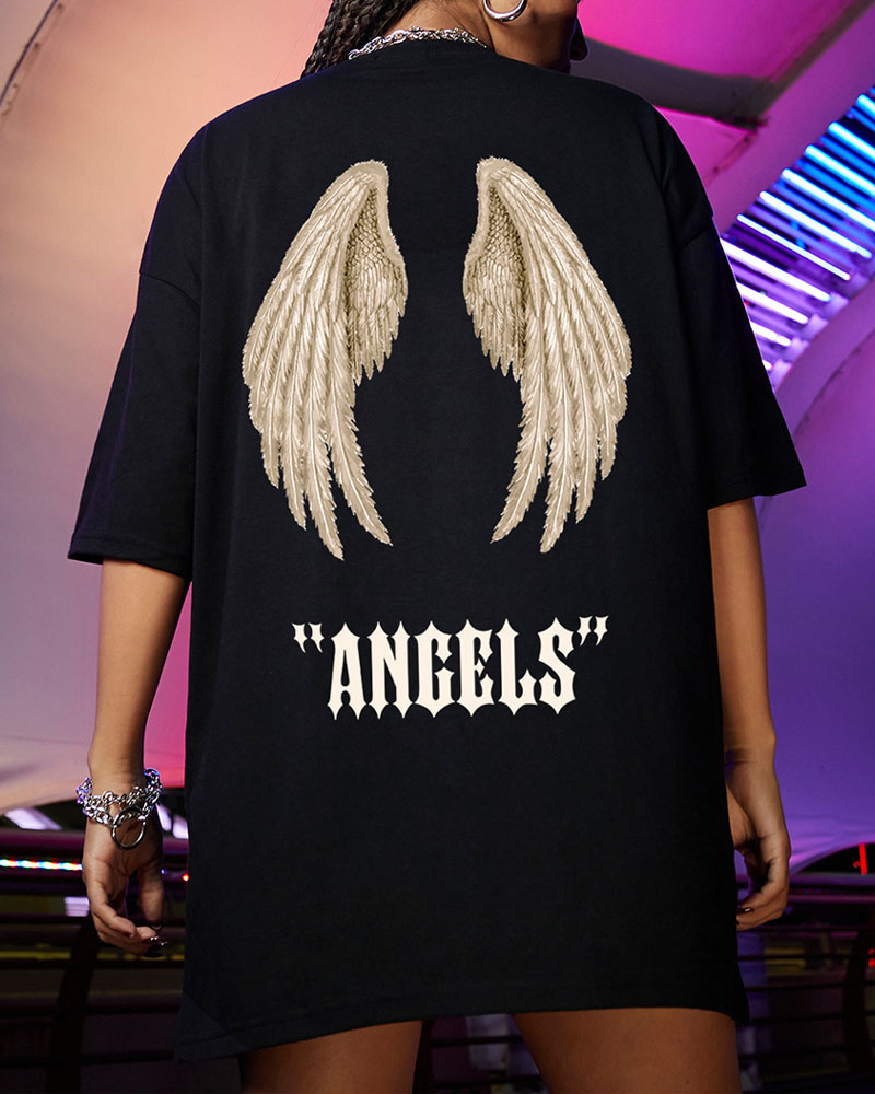 

Angel Wings Letter Print Casual T-shirt Oversized Graphic Tee, Black