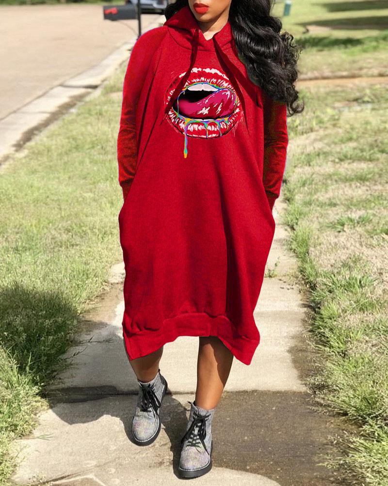 

Lip Print Split Hem Drawstring Hooded Sweatshirt Dress, Red