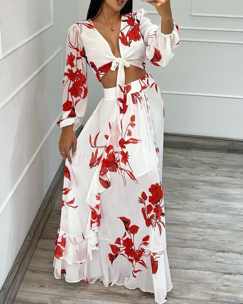 

Floral Print Lantern Sleeve Crop Top & Ruffles Maxi Skirt Set, Red