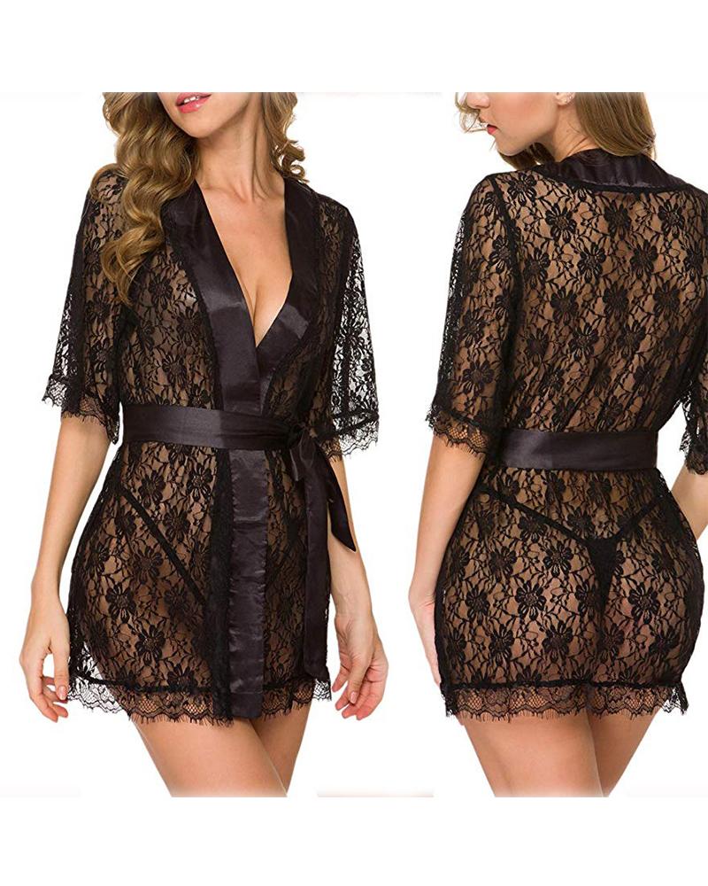 

Sexy Lace Short Sleeve Lace-up Nightgown, Black