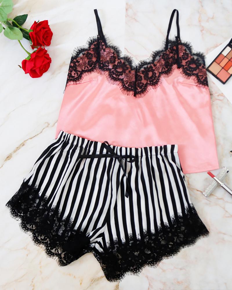 

Striped Spaghetti Strap Lace Trim Cami Set, Hot pink