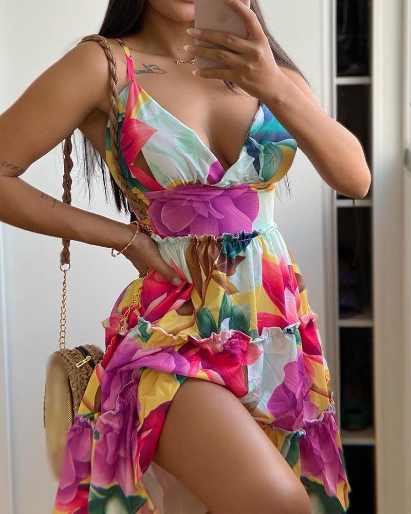 

Floral Print Ruffle Hem Cami Dress, Red
