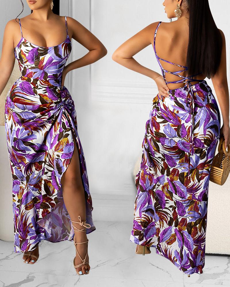 

Plants Print Lace-up Backless Ruched High Slit Dress, Purple