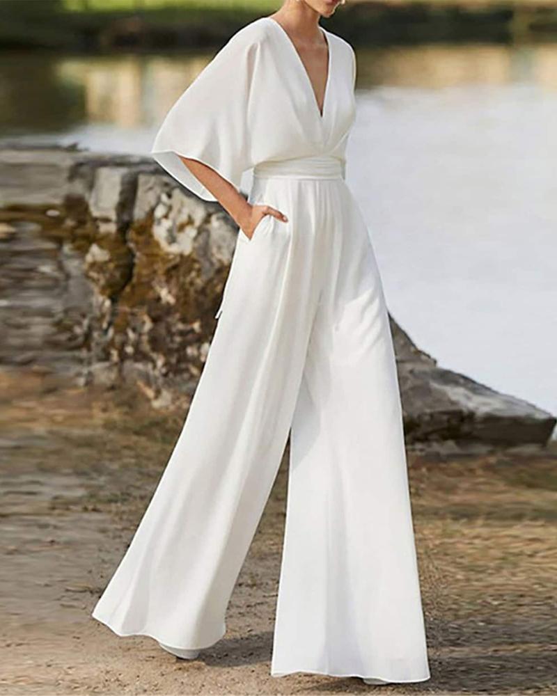 

Batwing Sleeve High Waist Wide Leg Jumpsuit, White
