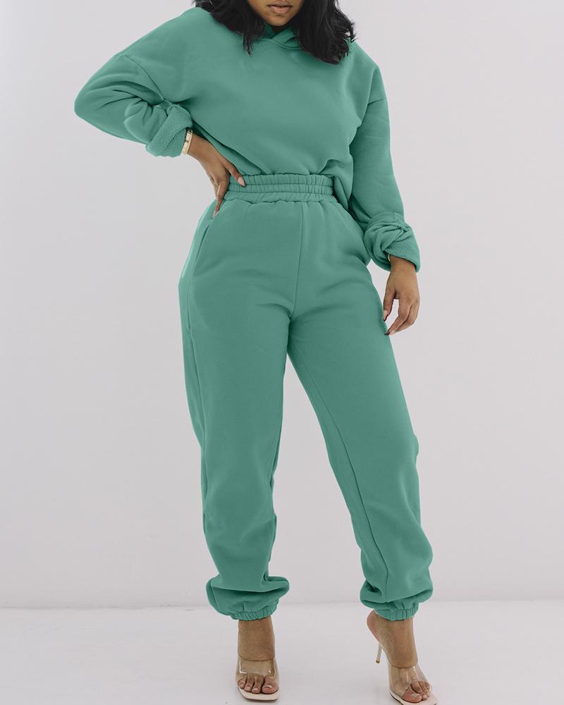 

Plain Long Sleeve Top & Pants Set, Green