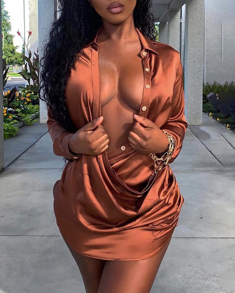 

Satin Button Decor Asymmetrical Shirt Dress, Orange