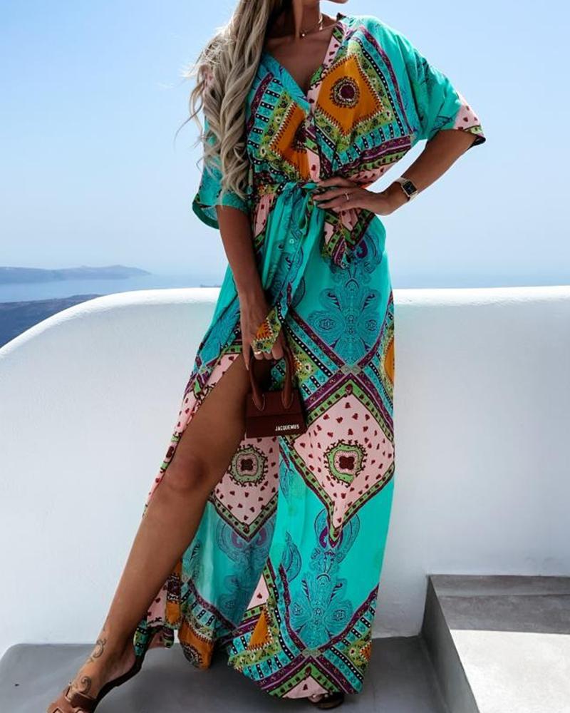 

Paisley Print V-Neck Split Belted Dress, Green