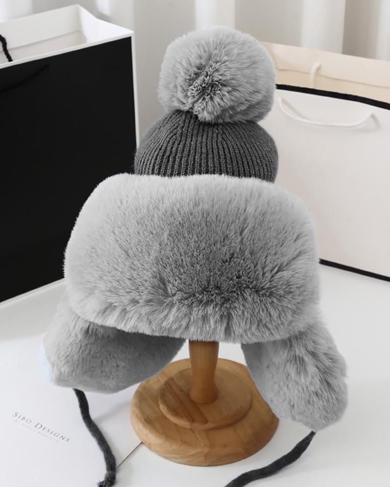 

Pom Pom Decor Ear Protection Fluffy Lei Feng Hat, Gray