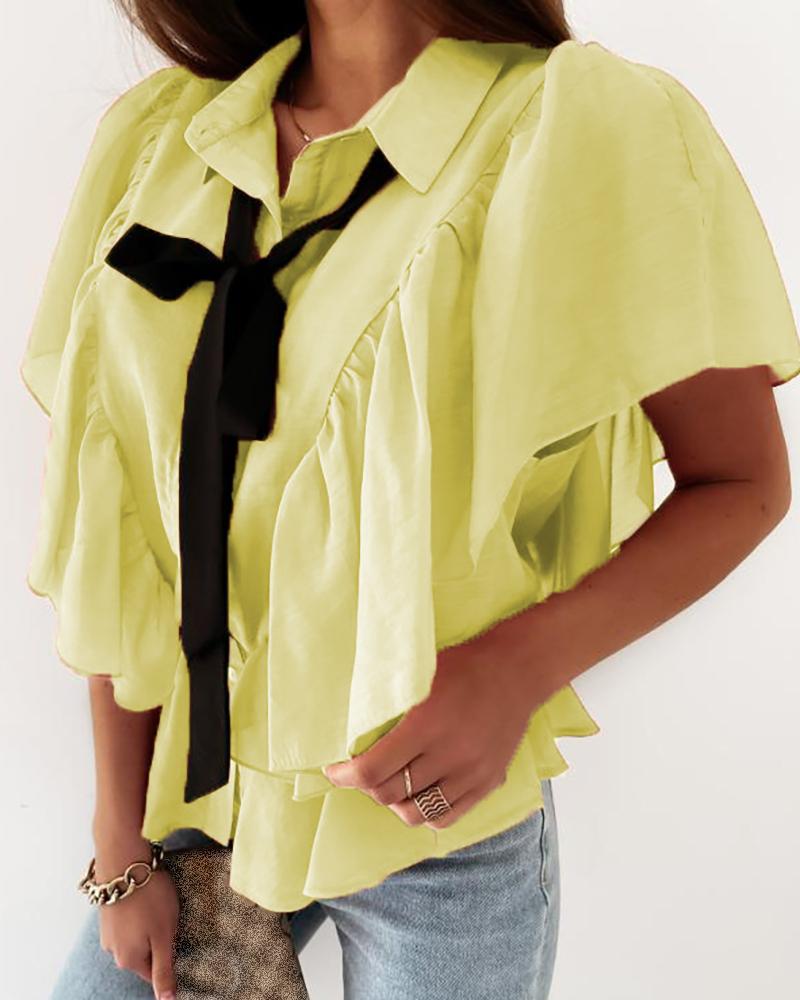 

Plain Bowknot Flounce Hem Top, Yellow