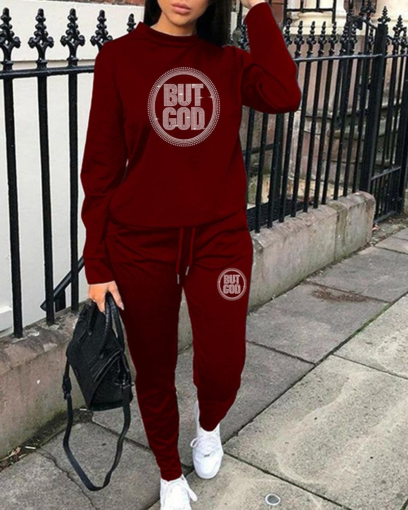 

Plus Size Long Sleeve Rhinestone Letter Pattern Sweatshirt & Pants Set, Wine red