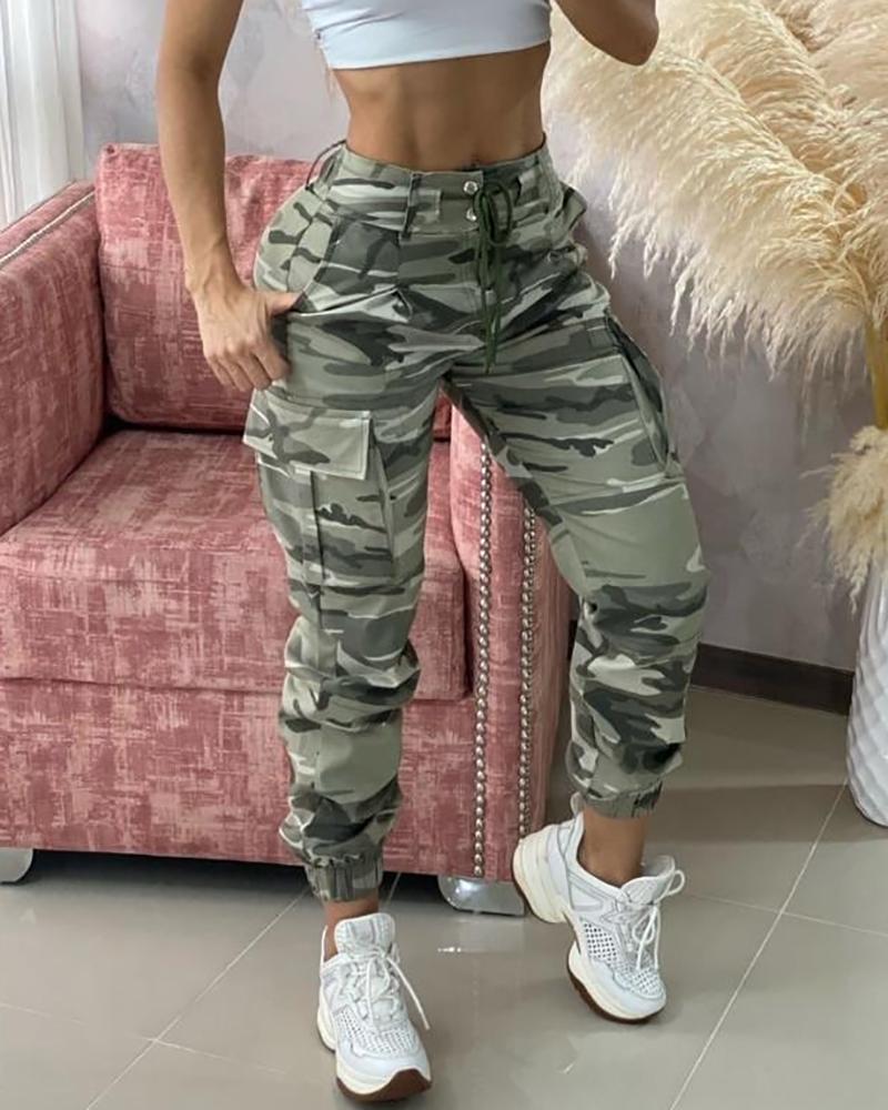 

Camouflage Print Drawstring Pocket Design Cargo Pants, Camoflage