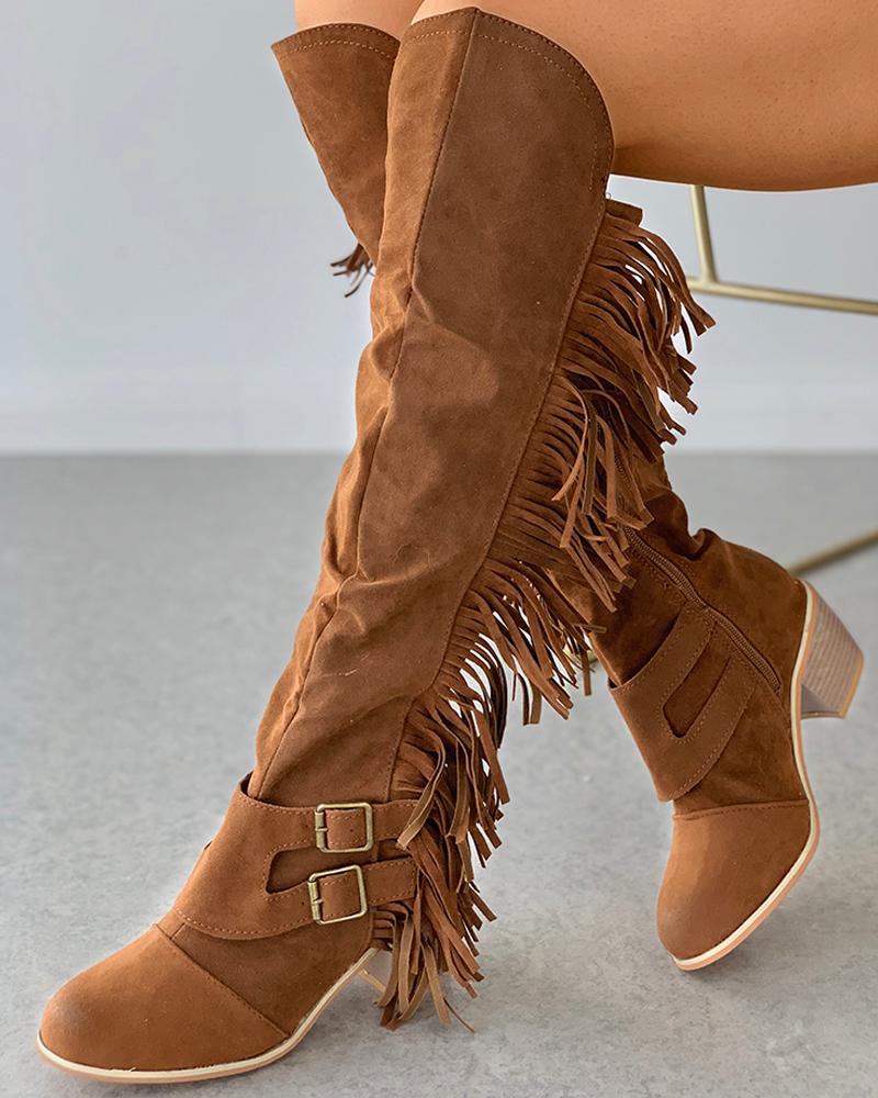 

Tassel Design Buckle Chunky Boots, Brown