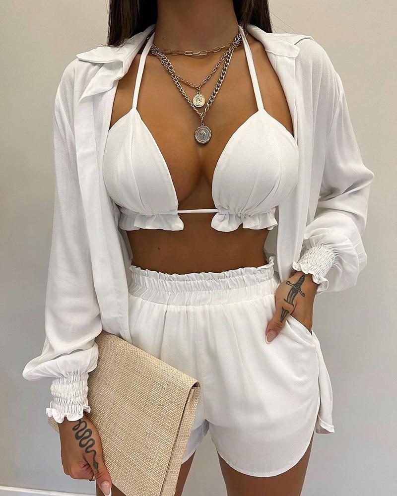 

Lantern Sleeve Shirt & Pocket Design Shorts Sets With Frill Hem Crop Top, White