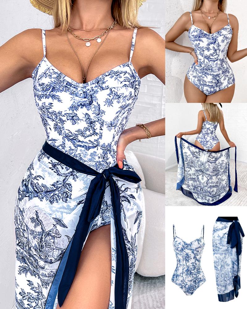 

Landscape Plants Print One-Piece Swimsuit With Cover Up, Purplish blue