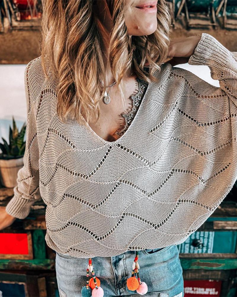 

Batwing Sleeve V-Neck Pointelle Knit Sweater, Coffee