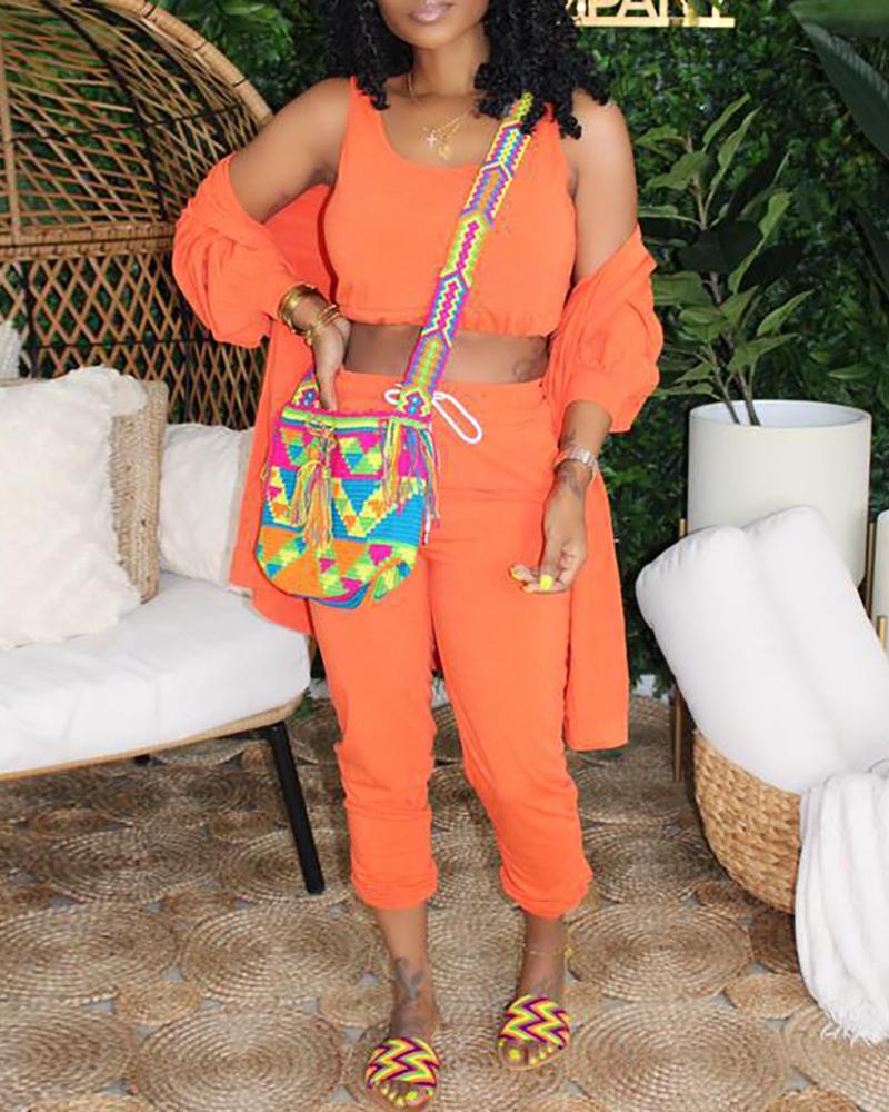 

Casual Top & Drawstring Pants & Cardigan Set, Orange