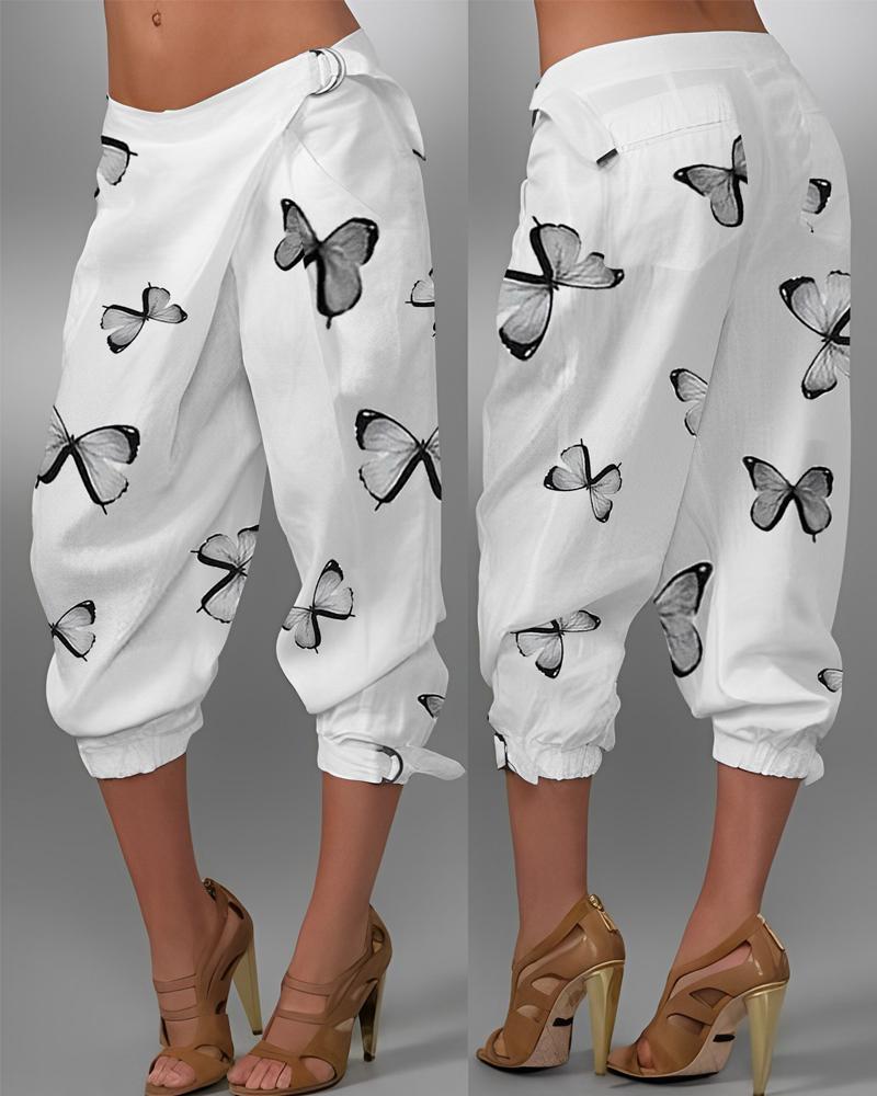 

Butterfly Print Pocket Design Cuffed Pants, White