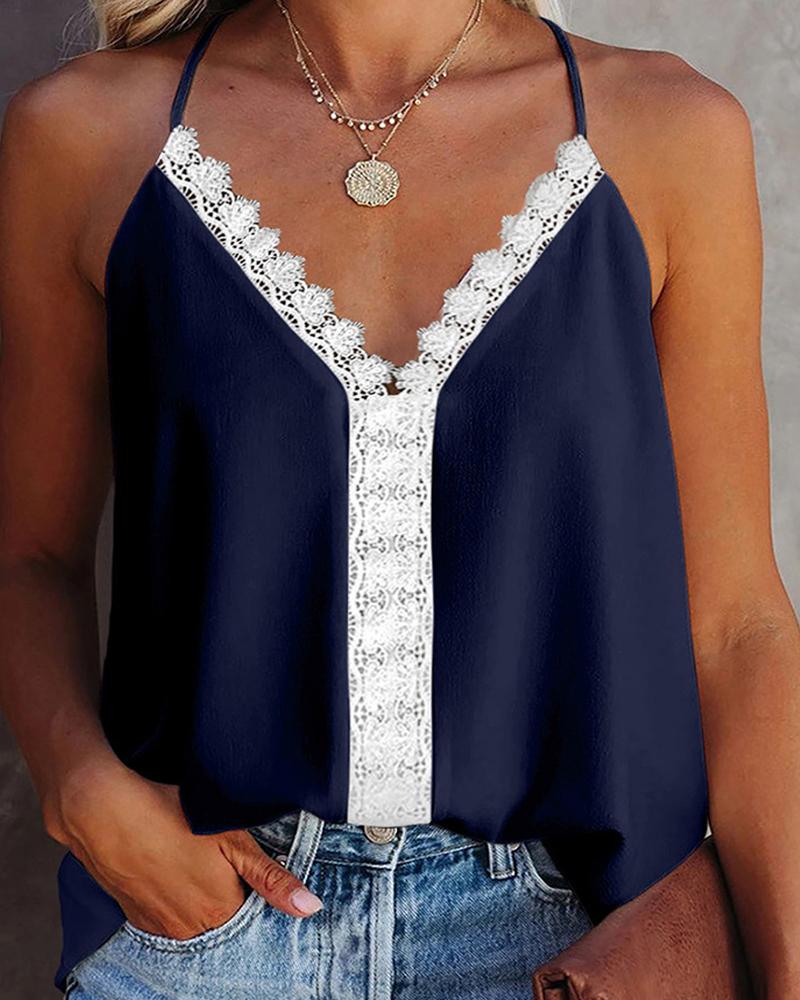 

V Neck Guipure Lace Sleeveless Top, Dark blue