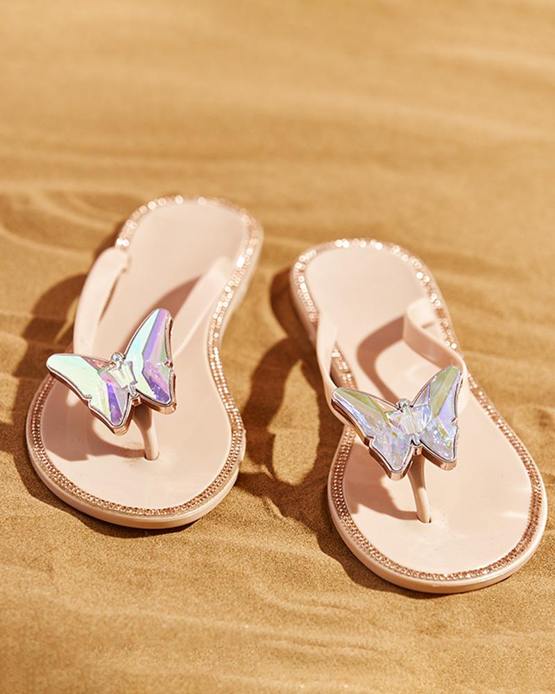 

Rhinestone Butterfly Decor Clear Flip Flops, Pink