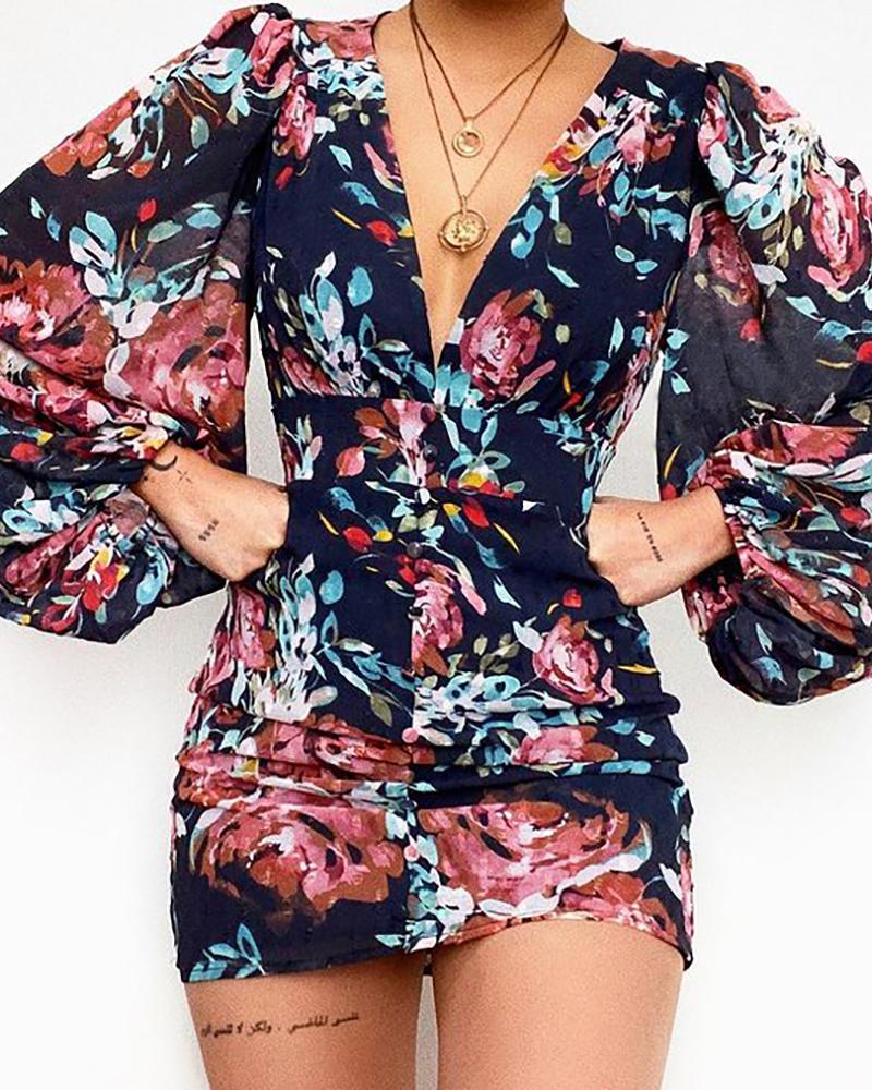 

Floral Print Lantern Sleeve Ruched Dress, Purplish blue