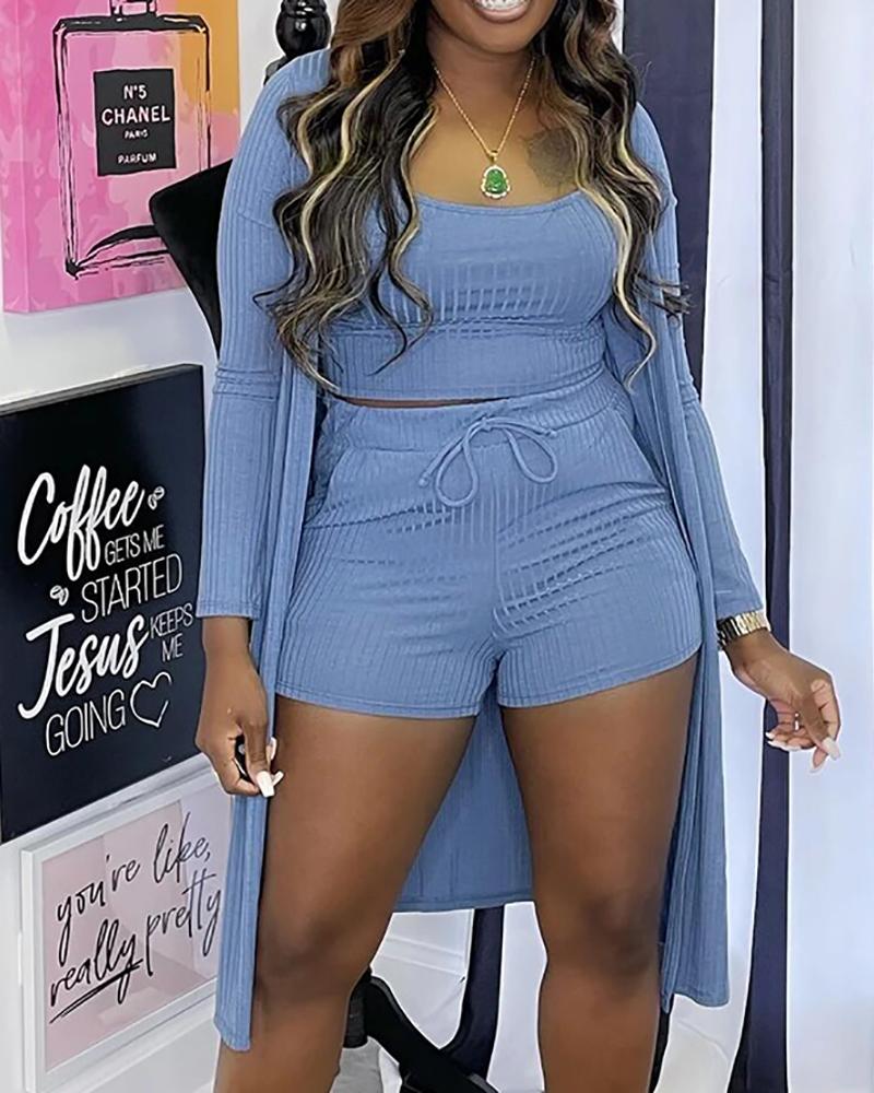 

Ribbed Cami Top & Coat & Drawstring Pocket Design Shorts Set, Blue