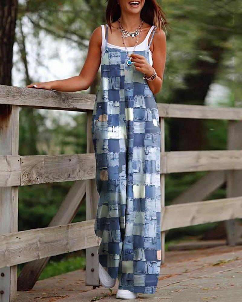 

Denim Look Print Spaghetti Strap Jumpsuit, Blue