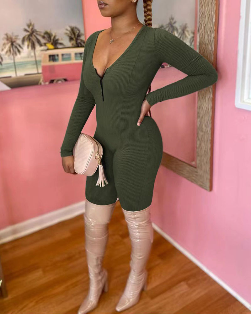 

Long Sleeve Zipper Design Ribbed Jumpsuit, Green